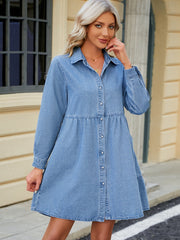 Tiered denim shirtdress in medium blue with button front, collar, and gathered waist.
