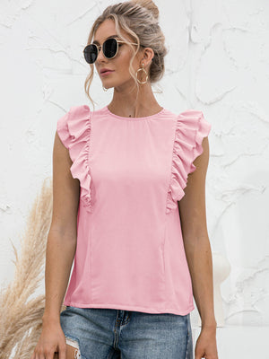 Blush pink sleeveless blouse with ruffled yoke and cap sleeves.