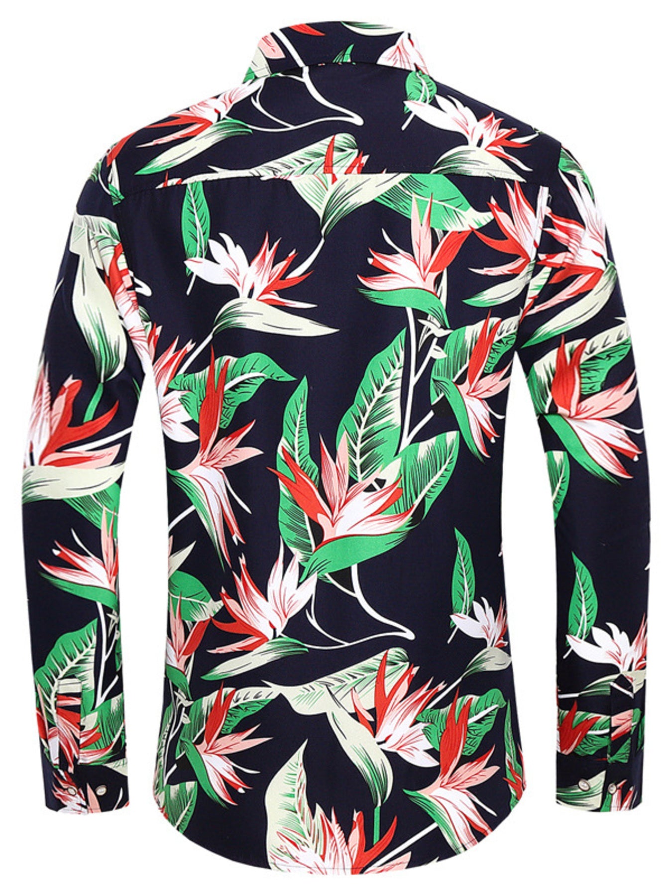 Men's navy long sleeve cotton blend button-up shirt with a tropical floral print.