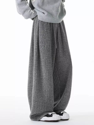 Relaxed ribbed knit sweatpants in dark gray with drawstring waist and wide leg