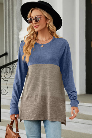 Colorblock long sleeve tee in blue and camel with slit hem and crew neck.