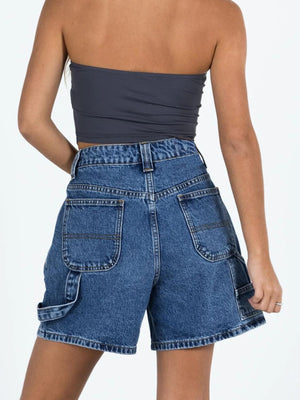 Light blue denim carpenter shorts with utility pockets and a relaxed fit.