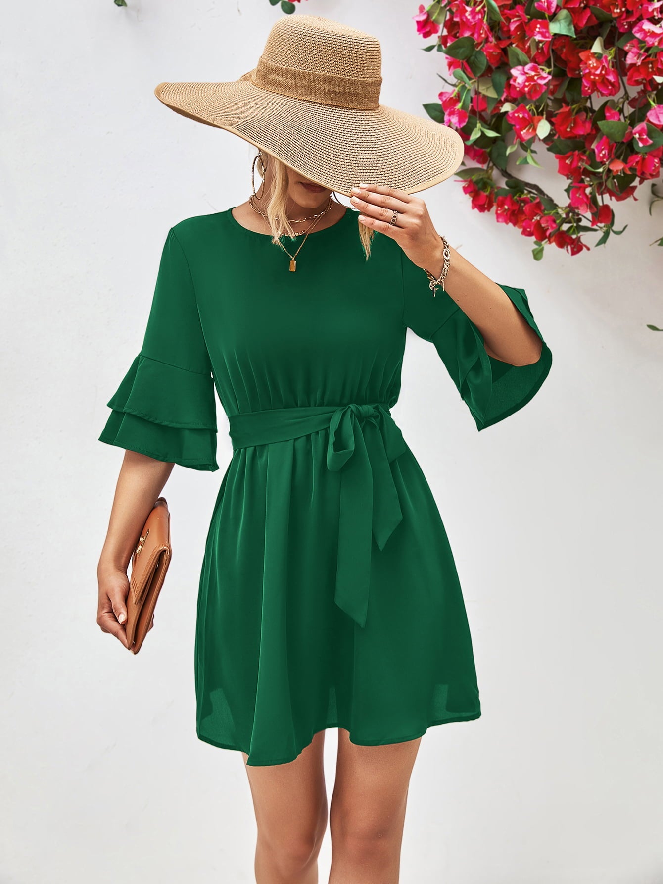 Forest green tiered sleeve mini dress with tie waist and A-line skirt.