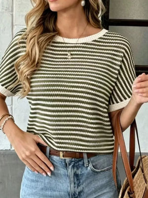 Striped Knit Relaxed Fit T-shirt in Blue, fit detail