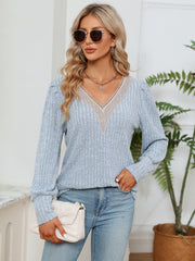 Misty Blue ribbed knit sweater with crochet trim V-neck and long sleeves.