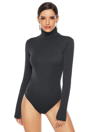 Black ribbed turtleneck bodysuit with long sleeves and a high-cut leg.