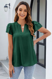 Dark green textured V-neck blouse with flutter sleeves and pintuck detail.