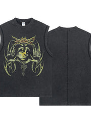 Black vintage wash graphic tank top with artistic print and tribal details.