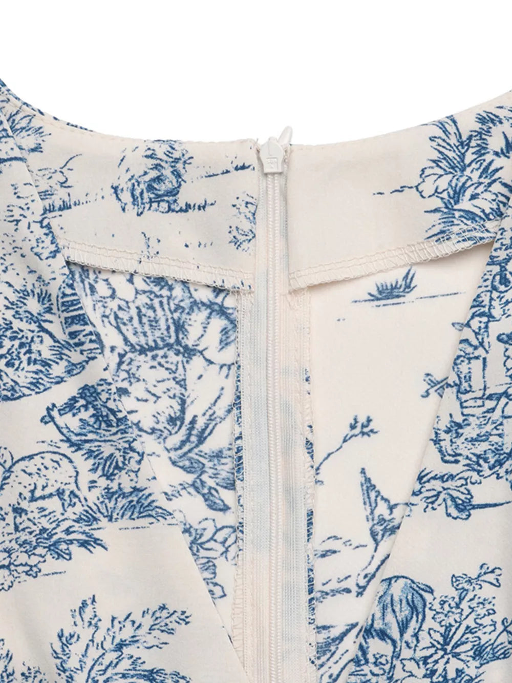 Toile print V-neck midi dress with a white zipper closure and blue scenic pattern.