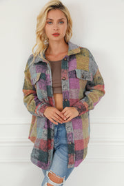 Multicolor brushed plaid shacket with collar and button front, worn by a woman.