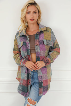 Multicolor brushed plaid shacket with collar and button front, worn by a woman.
