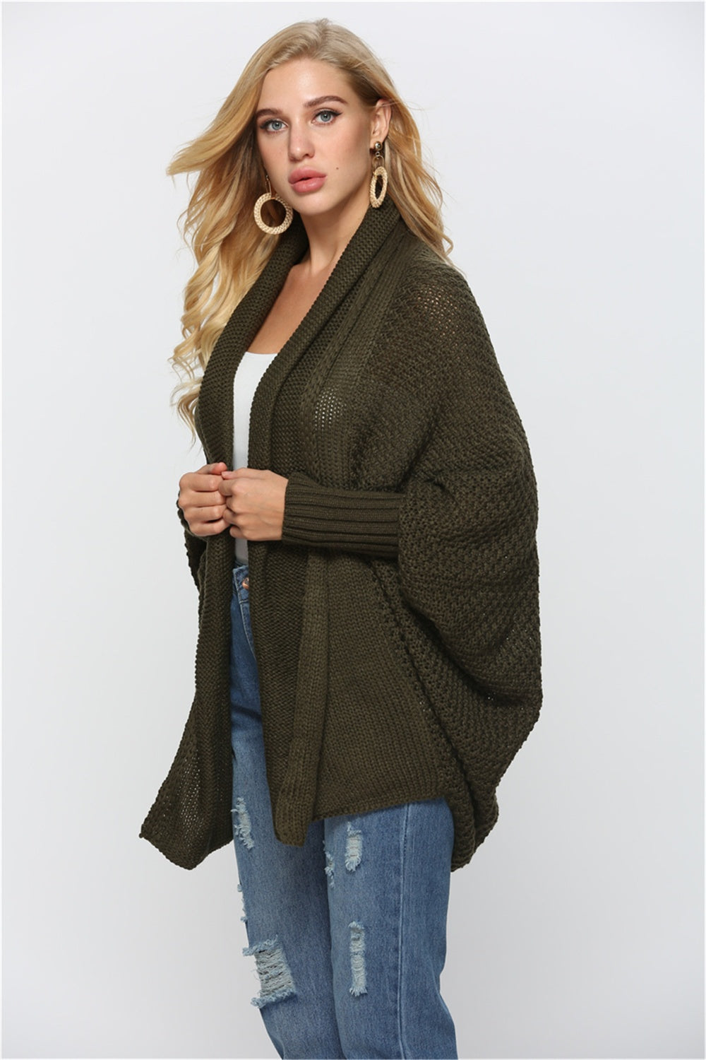 Textured cocoon knit cardigan in Army Green with batwing sleeves and open front.