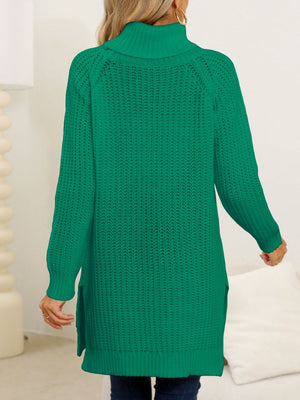Dark green knit turtleneck sweater with asymmetric hemline and side slits.