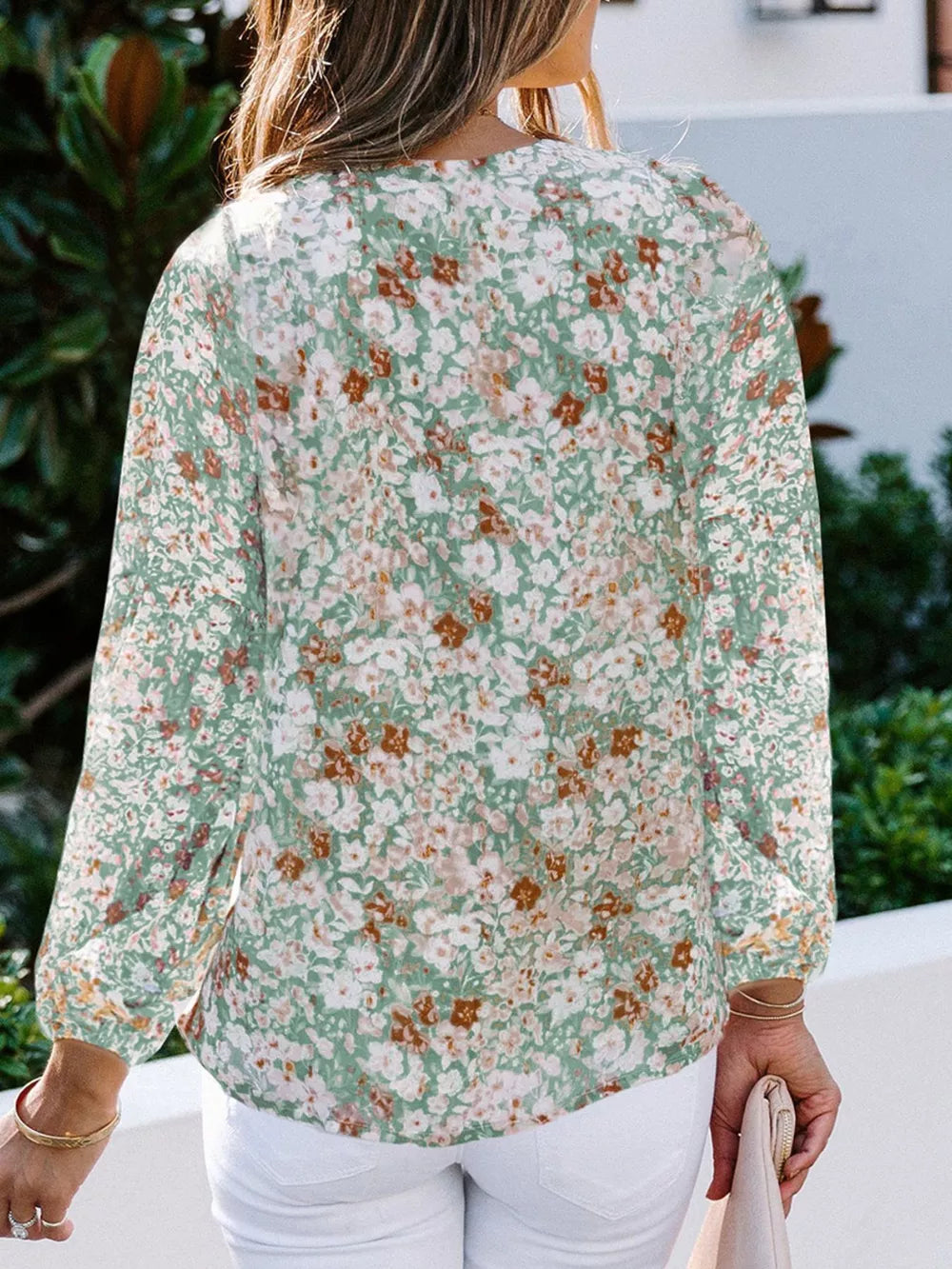 Maternity floral print green long sleeve V-neck shirt with button detail