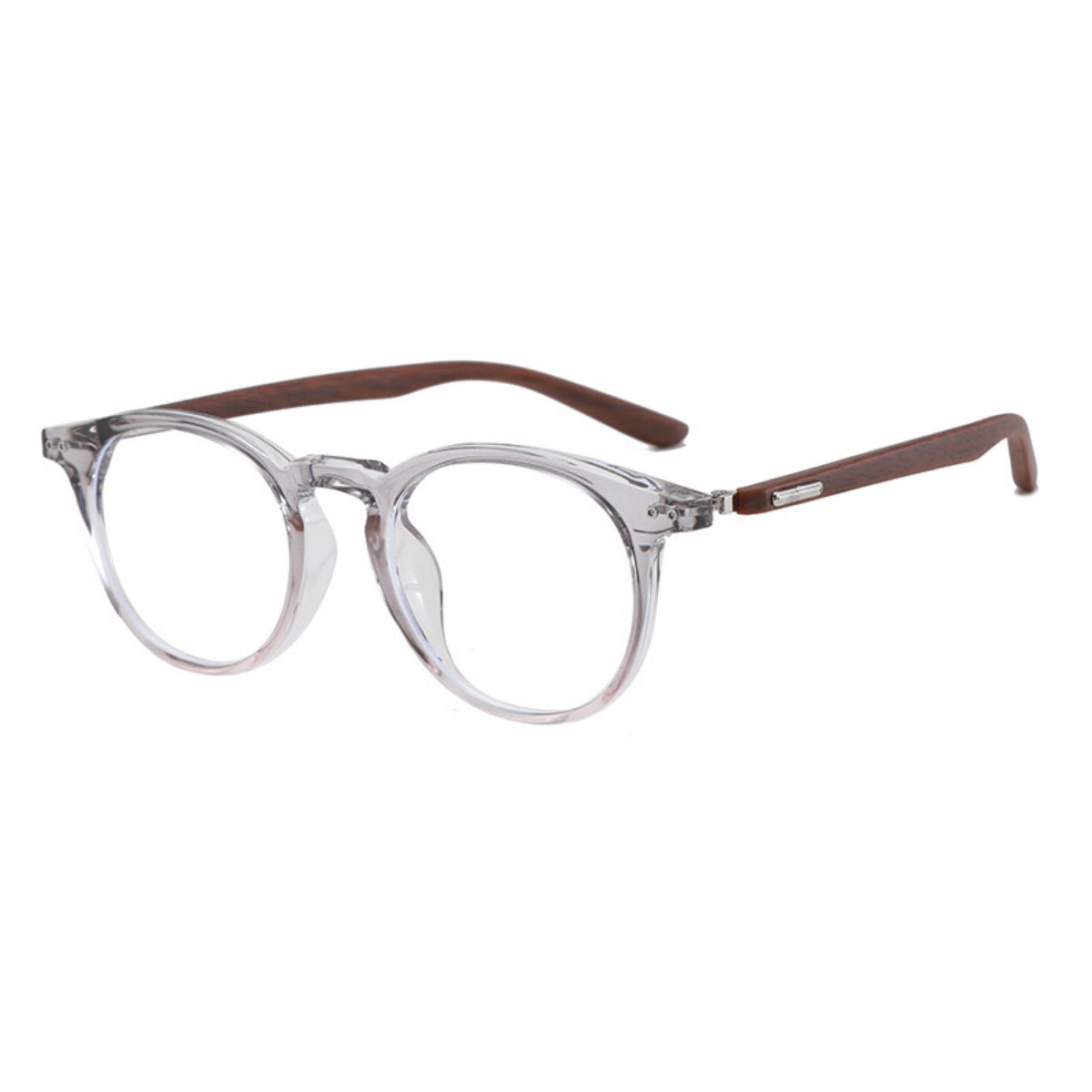 Chic round clear acetate eyeglasses with brown wood-look temples.