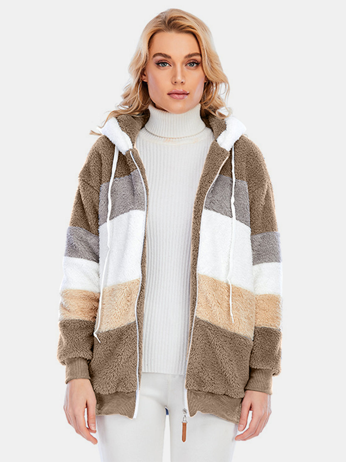 Teddy fleece zip-up hoodie with color block stripes and drawstring hood.