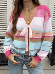 Striped Tie-front Cardigan in Multicolor, model styling view
