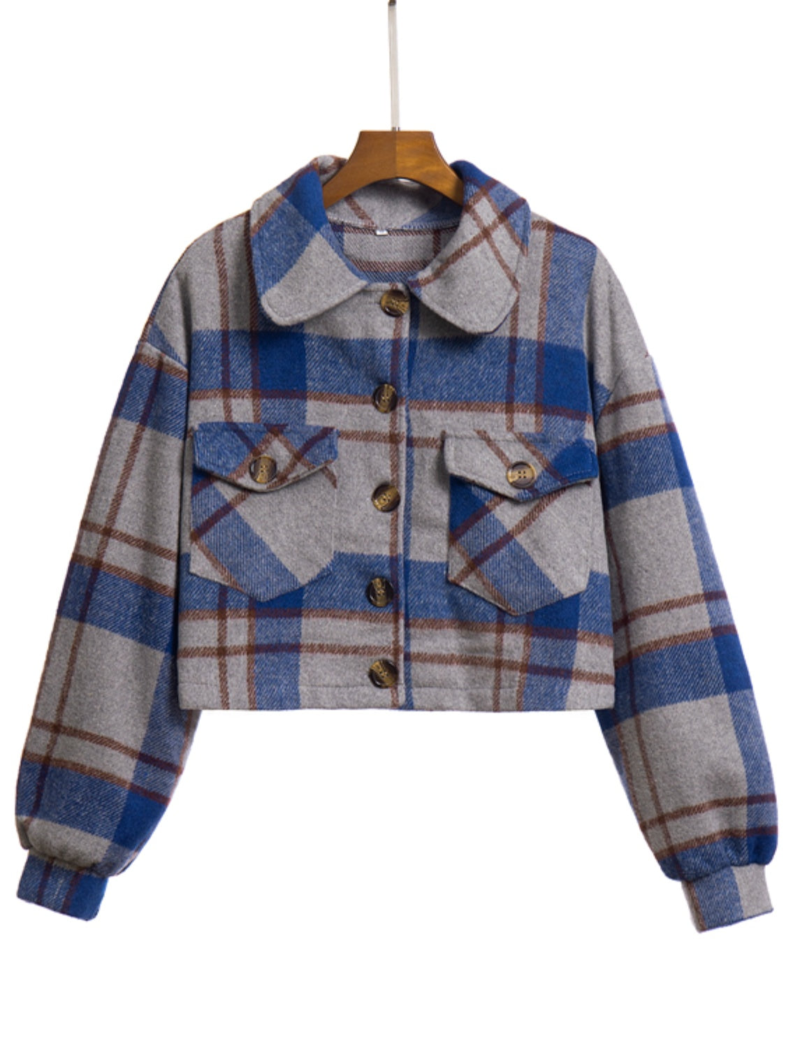 Chic plaid jacket in dark blue and gray with buttoned chest pockets and collar.