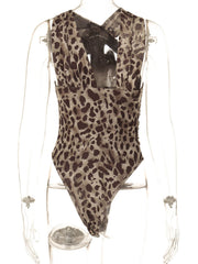 Leopard print ruched bodysuit with asymmetrical neckline and deep V-neck.