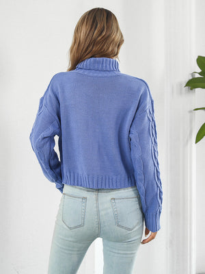 Blue cable knit cropped turtleneck sweater with textured sleeves.