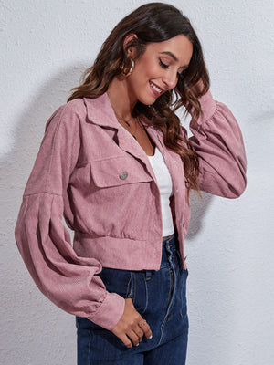Dusty Pink corduroy cropped jacket with balloon sleeves and button front.