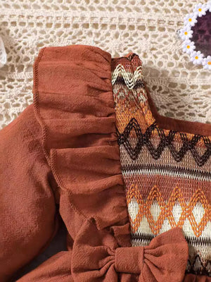 Children's Bow Long Sleeve Blouse And Pants Set in Light Brown, close-up detail