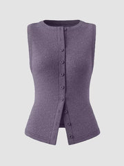 Dark Purple ribbed button-front fitted tank top with a crew neck.