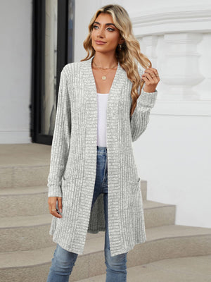 Light gray ribbed knit duster cardigan with pockets and open front.