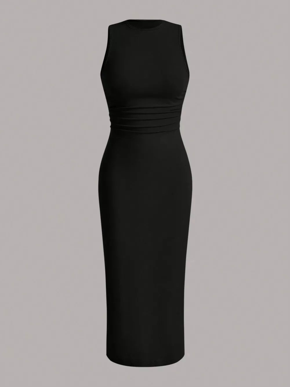 Black sleeveless round neck midi dress with ruched waist detail.