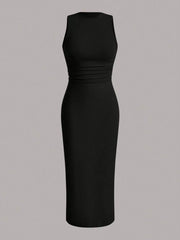 Black sleeveless round neck midi dress with ruched waist detail.