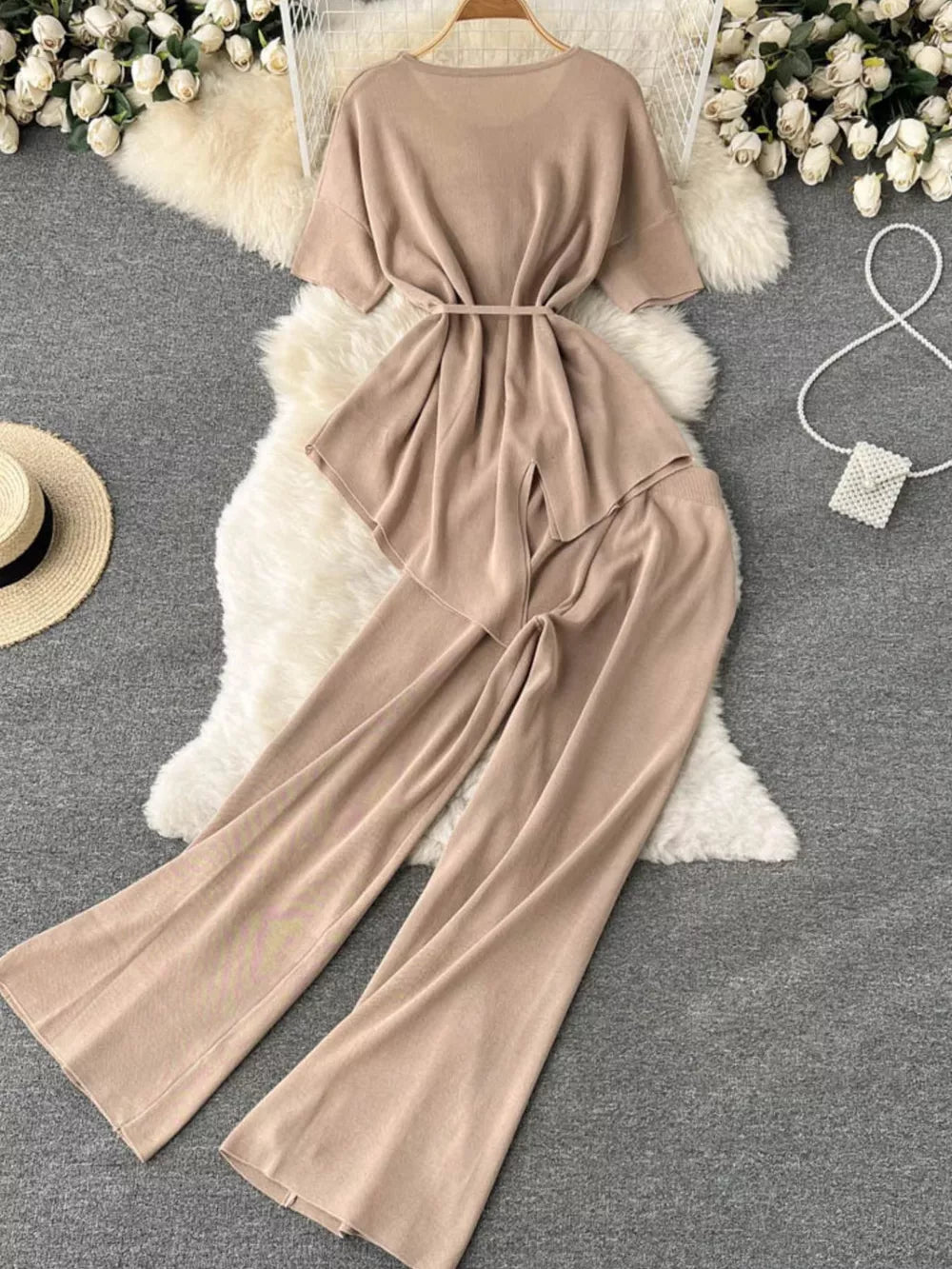 Apricot tied waist two-piece set with short sleeves and wide leg pants