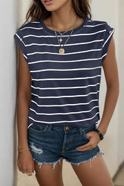 Button-shoulder navy and white stripe tee with cap sleeves.