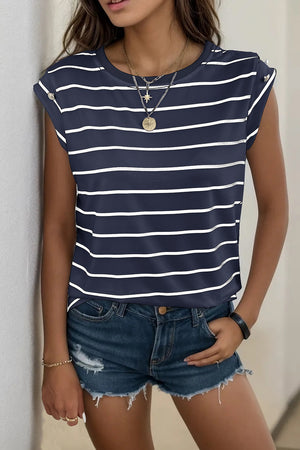 Button-shoulder navy and white stripe tee with cap sleeves.