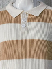 Ribbed knit polo shirt with brown and white stripes and three buttons.