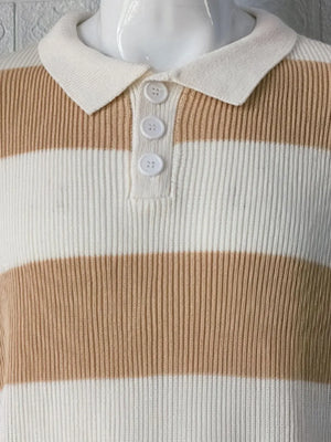 Ribbed knit polo shirt with brown and white stripes and three buttons.