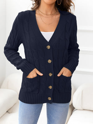 Navy cable-knit cardigan with V-neck, buttons, and patch pockets.