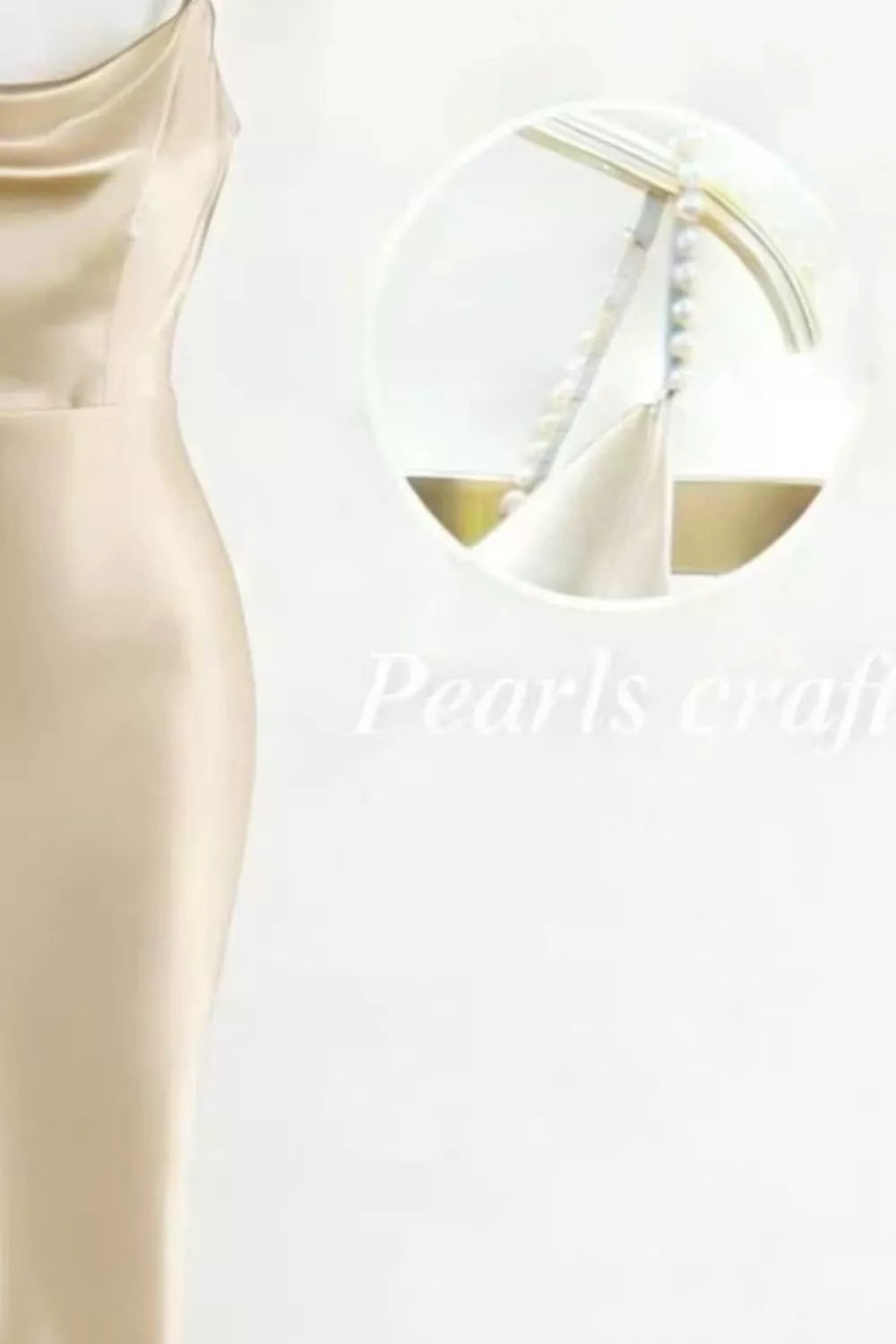 Pearl-embellished cowl neck satin maxi dress in champagne with delicate pearl strap detail.