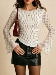 Polka Dot Mesh Bell Sleeve Top in White, model styling view