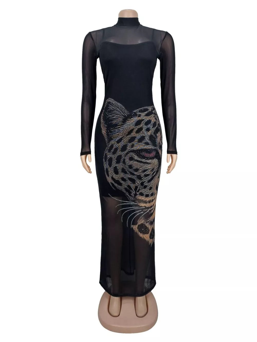 Leopard Print Mesh Long Sleeve Maxi Dress in Black, close-up detail