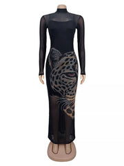 Leopard Print Mesh Long Sleeve Maxi Dress in Black, close-up detail