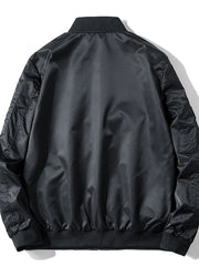 Black men's bomber jacket with ribbed collar, cuffs, and hem.
