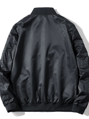 Black men's bomber jacket with ribbed collar, cuffs, and hem.