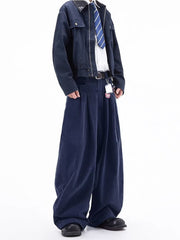 Men's navy blue corduroy wide leg sweatpants with a relaxed fit.