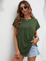 Moss green t-shirt with short sleeves and a draped knot front detail.
