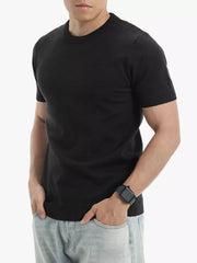 Men's black acrylic knit crew neck undershirt with short sleeves and ribbed hem.