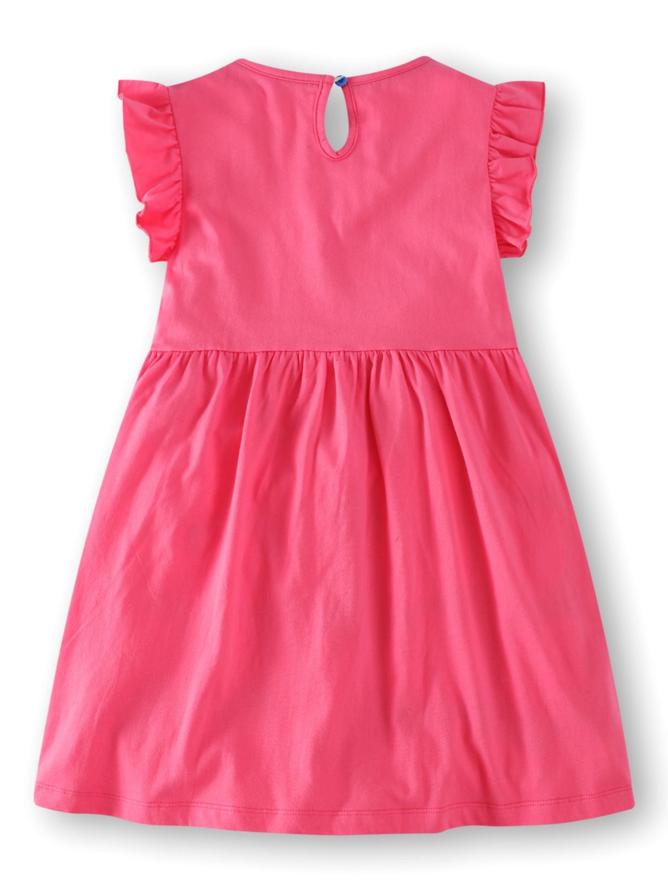 Strawberry cotton dress with ruffle sleeves and bird appliques.