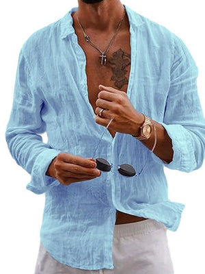 Light blue linen button-front shirt with relaxed fit and long sleeves.