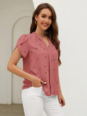 Dusty Pink heart print blouse with puff sleeves and V-neck.