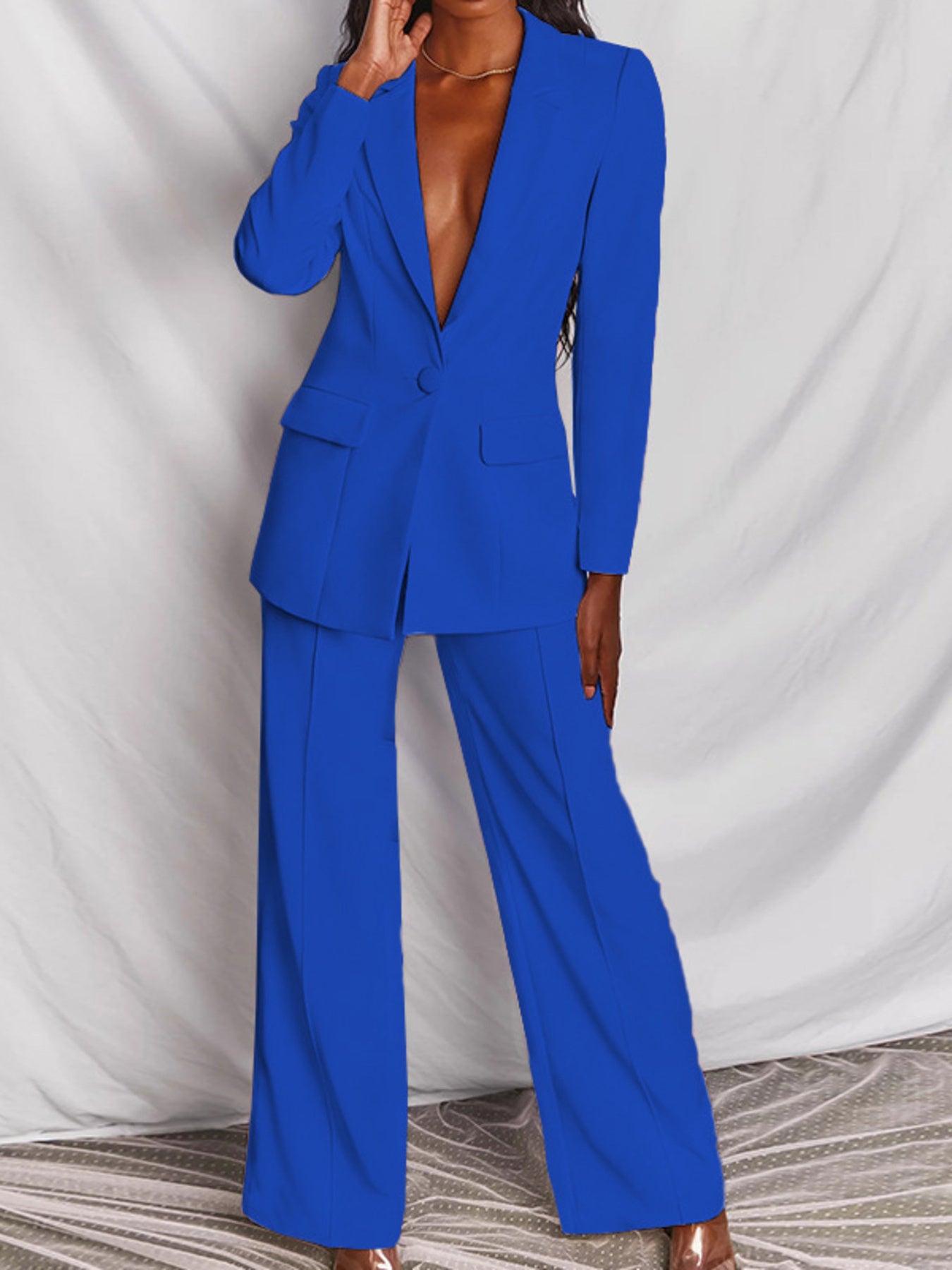 One Button Blazer And Wide-leg Pants Set Plus Size in Brown, view 12