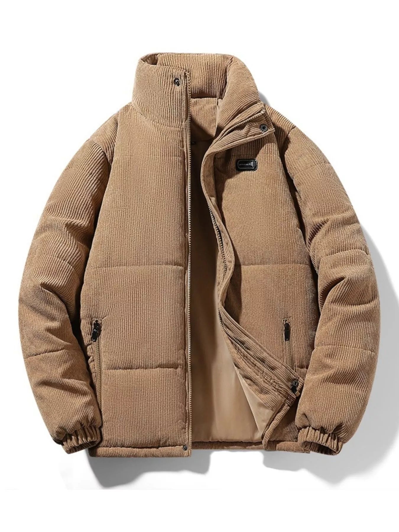 Men's plus-size padded corduroy puffer jacket in khaki with a stand-up collar.